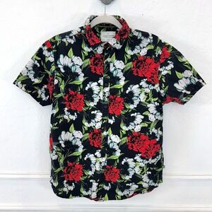 Denim & Flower Ricky Singh Slim Fit Short Sleeve Button Down Black Floral Men M